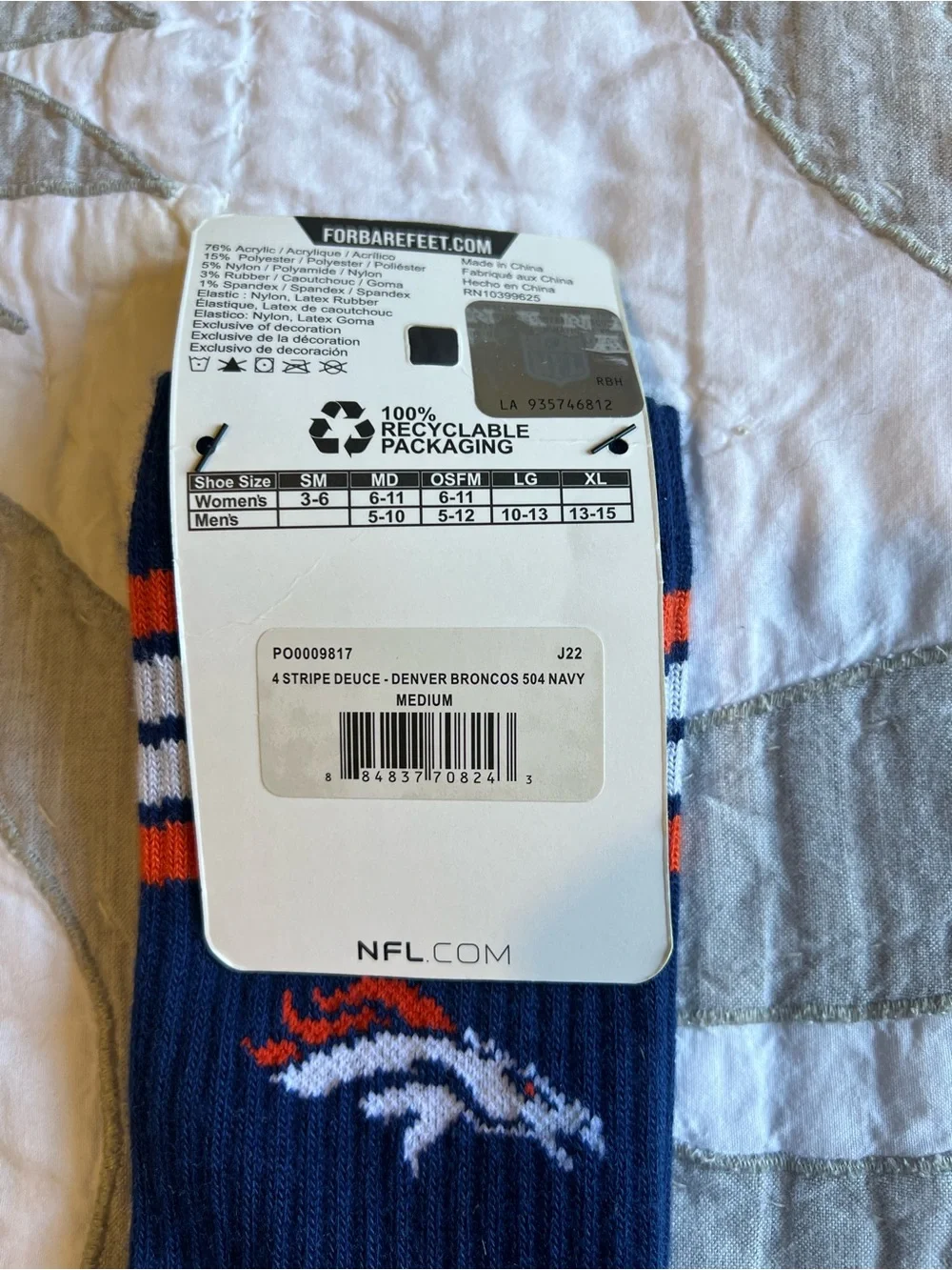 NFL Denver Broncos Football Crew Socks Mens Medium Fits Shoe 5-10 NEW